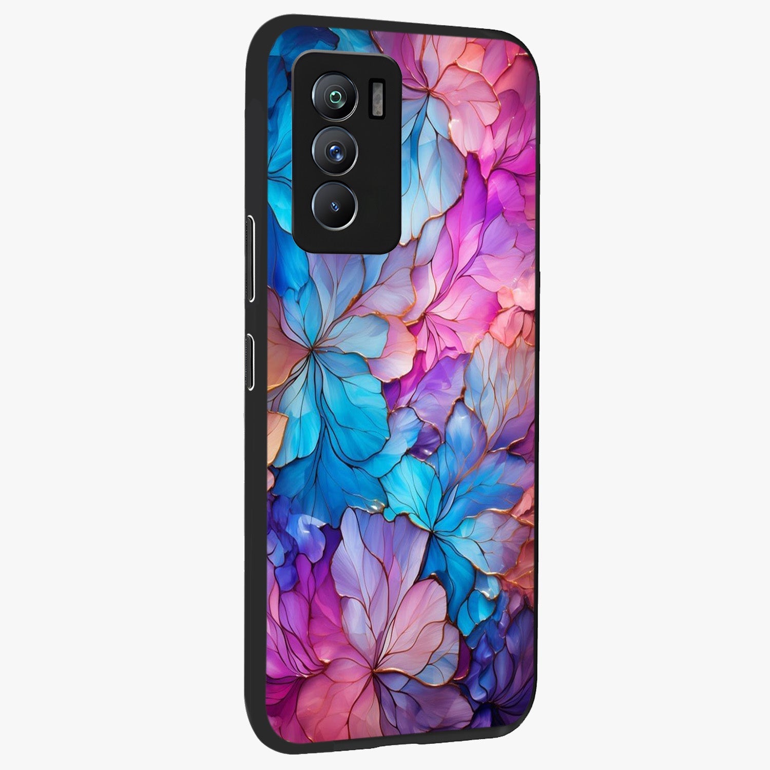 Radiant Floral Whirl Glass Case upright view showcasing lively floral artwork with decorative swirl theme.