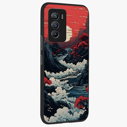 Red Sunset Scenery Glass Case upright view showcasing dramatic sunset scenery artwork with warm nature theme.
