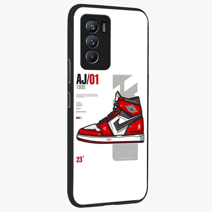 Retro Sneaker Blueprint Glass Case upright view showcasing stylish sneaker illustration with vintage streetwear theme.