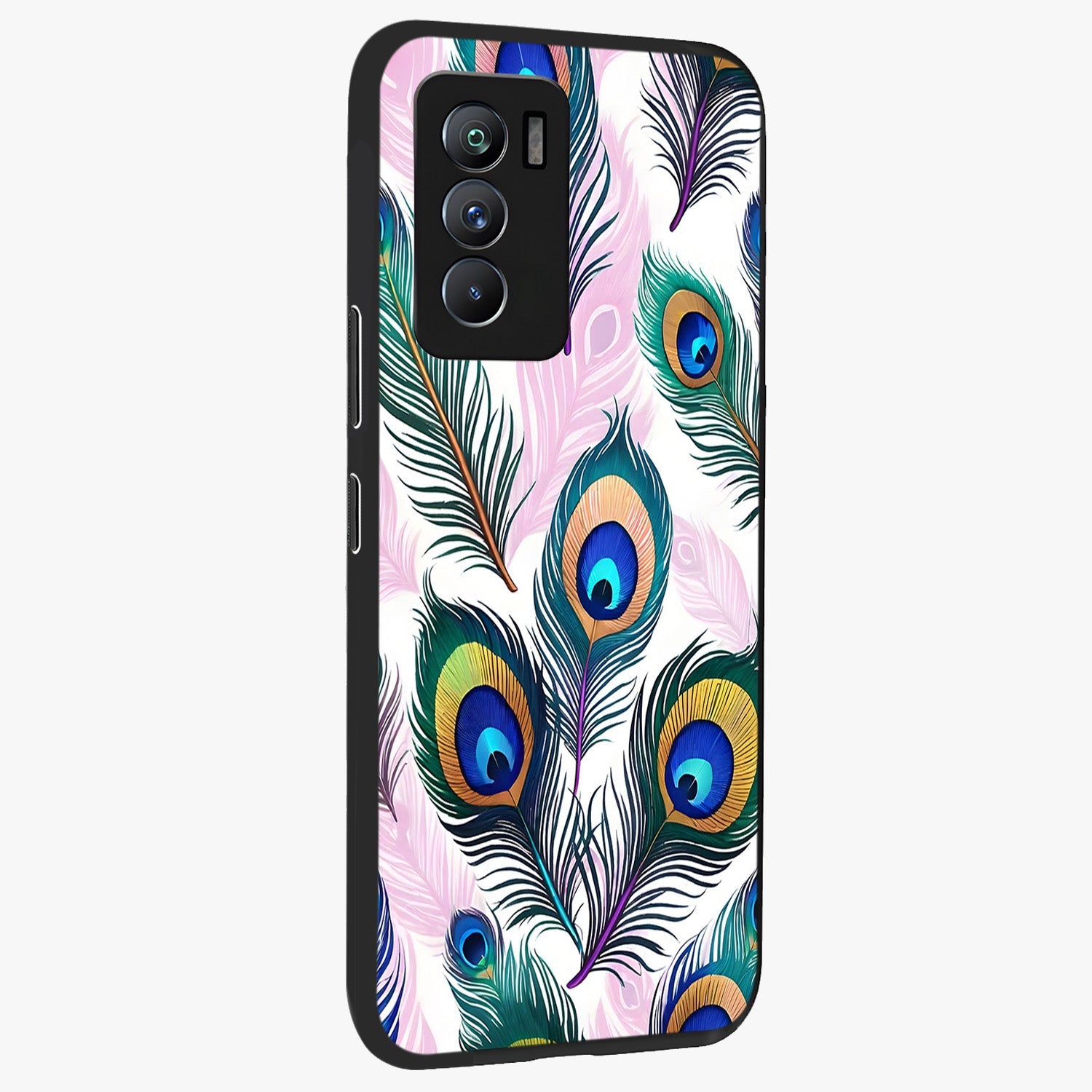 Royal Peacock Feathers Glass Case upright view showcasing elegant peacock feather artwork with decorative royal theme.