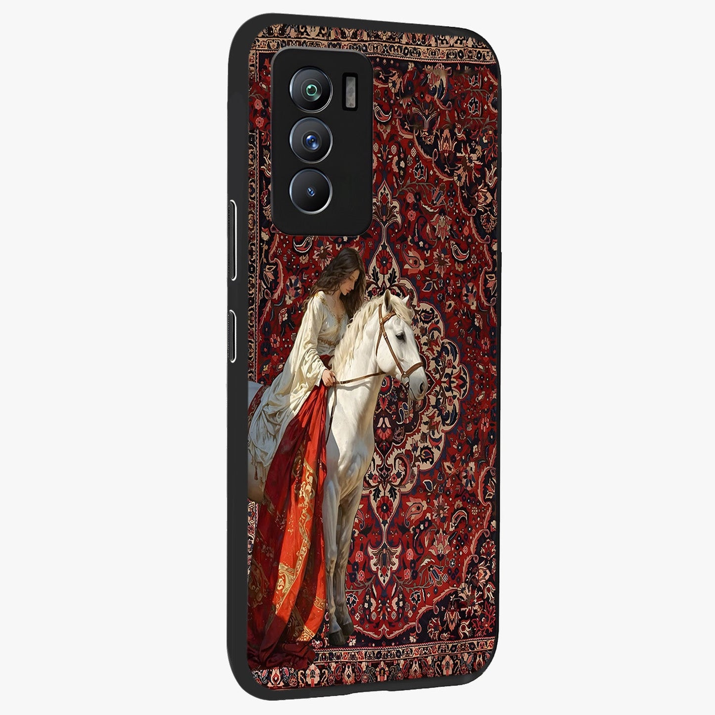 Royal Rider Tapestry Glass Case upright view showcasing detailed rider artwork with classic tapestry theme.
