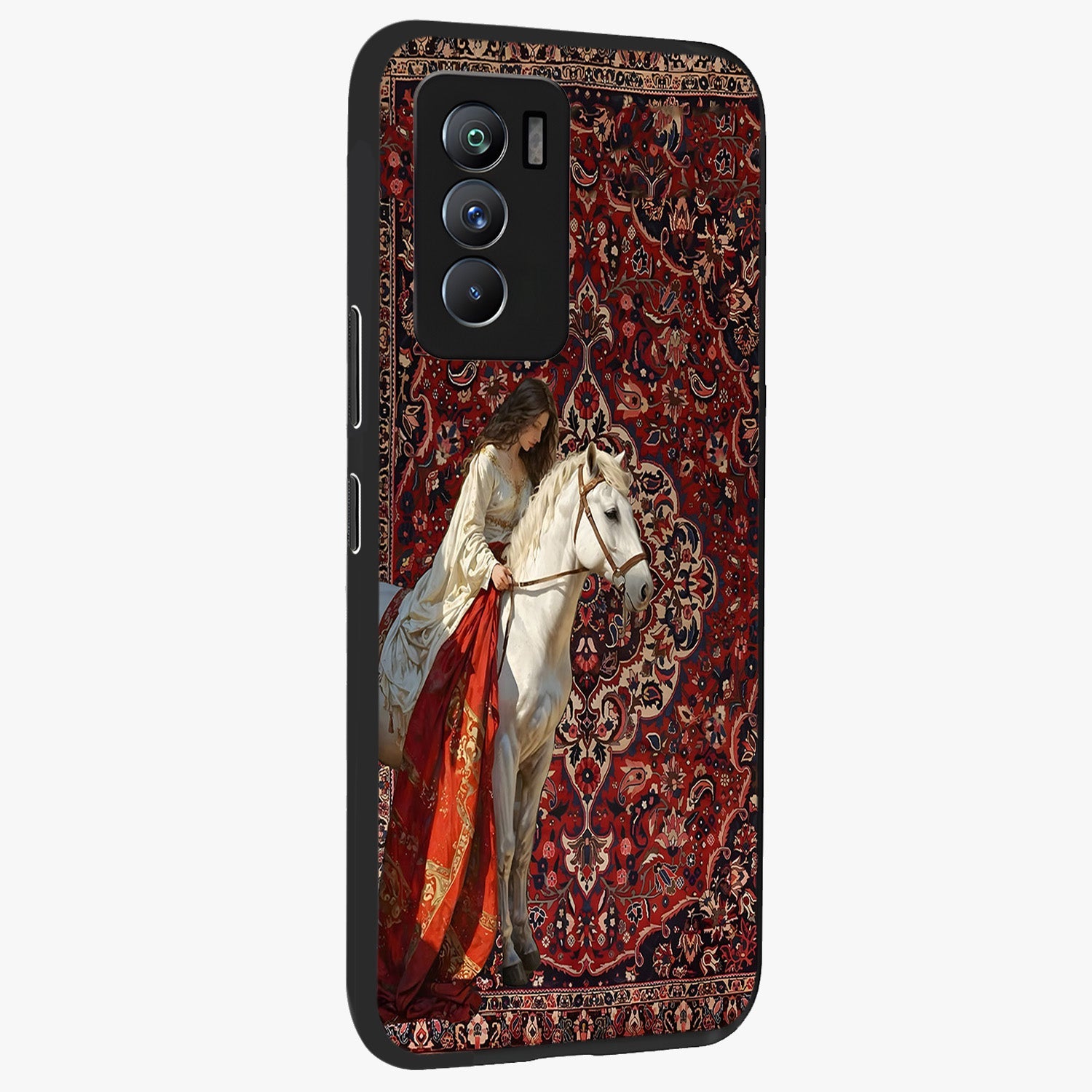 Royal Rider Tapestry Glass Case upright view showcasing detailed rider artwork with classic tapestry theme.