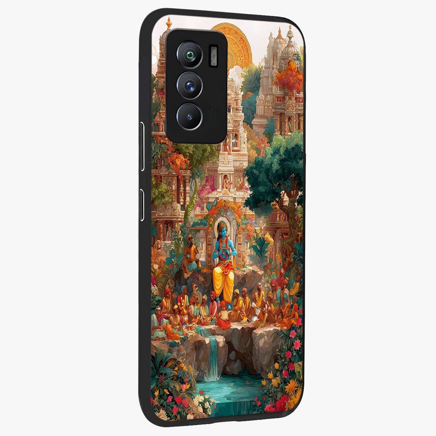 Sacred Sunlight Gods Glass Case upright view showcasing glowing divine artwork with sacred mythological theme.