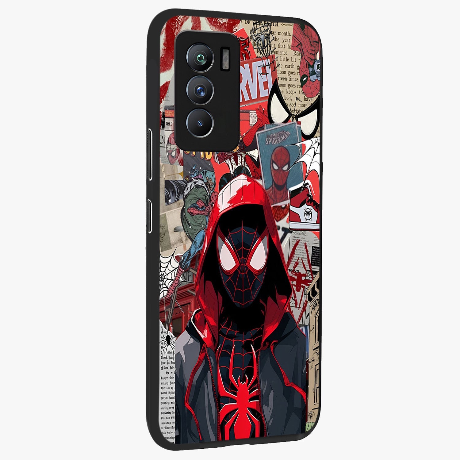 Spider Collage Street Glass Case upright view showcasing bold superhero artwork with urban street theme.