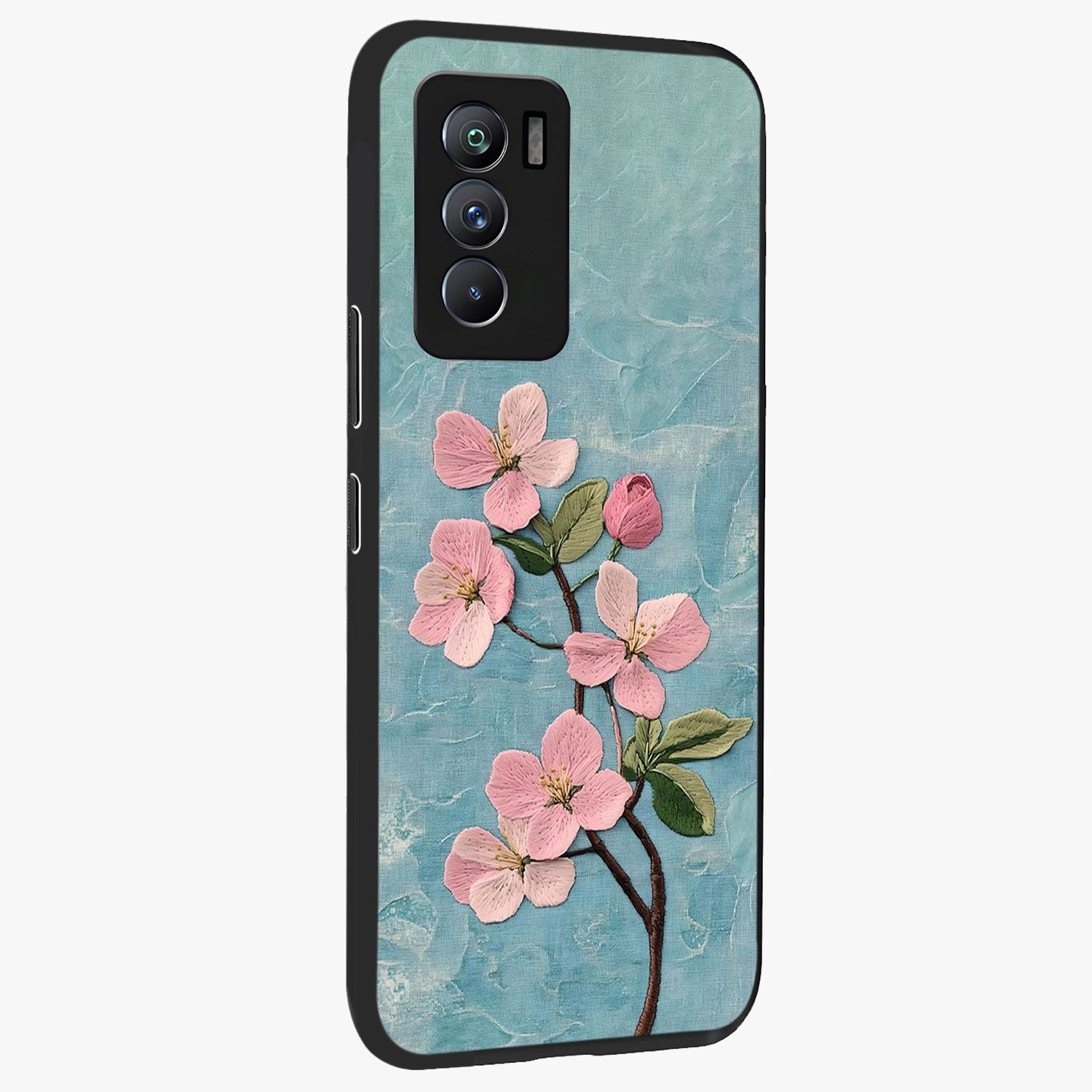 Threaded Blossom Breeze Glass Case upright view showcasing graceful flower artwork with calm botanical theme.
