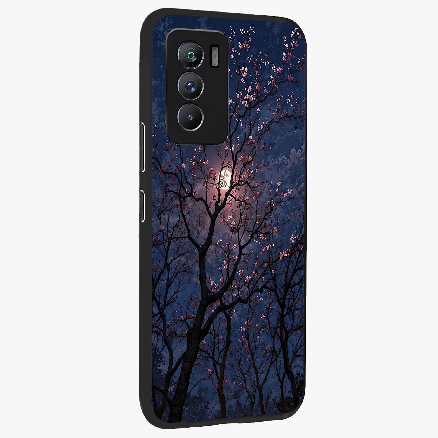 Twilight Sakura Serenade Glass Case upright view showcasing beautiful cherry blossom artwork with serene evening theme.