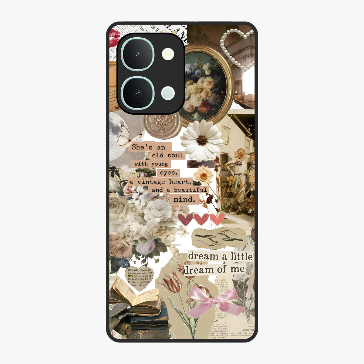 Aesthetic Brown Vintage Collage Glass Case showing flat back view with retro collage artwork and glossy glass finish.