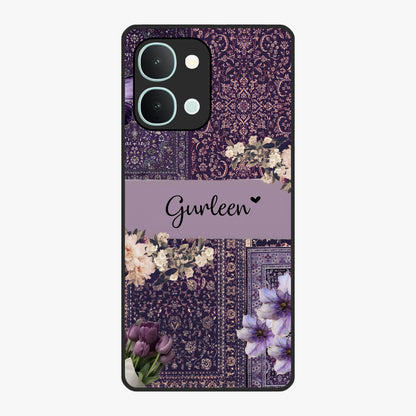 Antique Floral Whisper Custom Name Glass Case showing flat back view with vintage floral artwork and personalized name design.