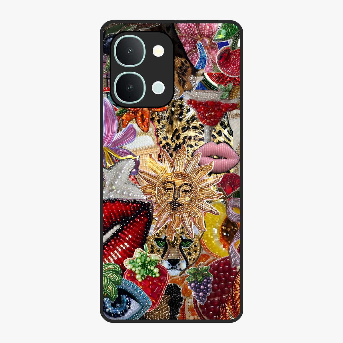 Beaded Fashion Jungle Glass Case showing flat back view with vibrant jungle inspired bead artwork and glossy glass finish.