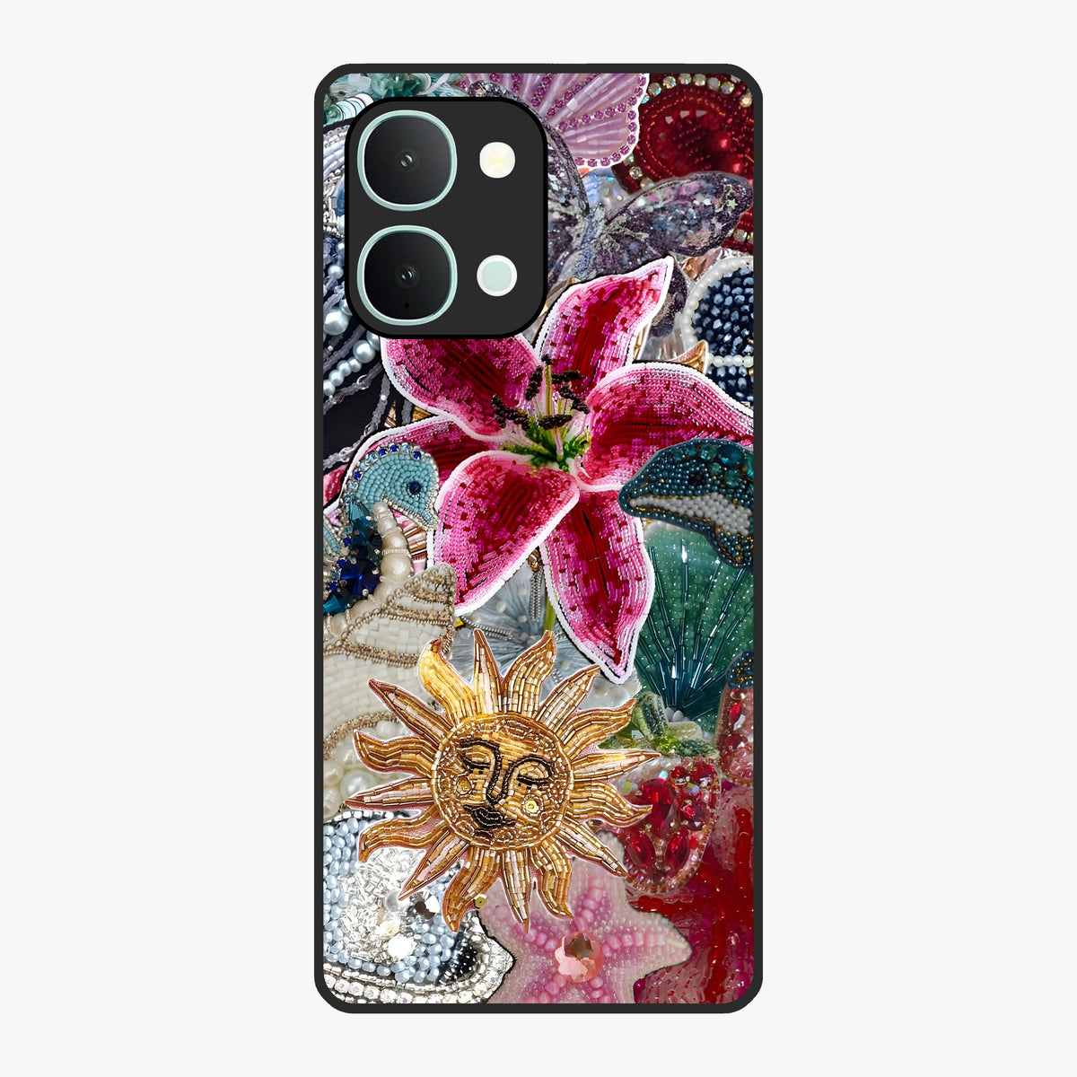 Beaded Garden Fantasy Glass Case showing flat back view with dreamy garden bead artwork and glossy glass finish.