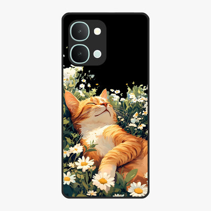 Blissful Bloom Cat Glass Case showing flat back view with cute cat and floral bloom artwork and glossy glass finish.