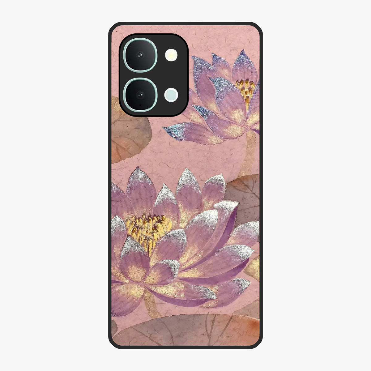 Blossom Mist Lotus Glass Case showing flat back view with serene lotus blossom artwork and glossy glass finish.