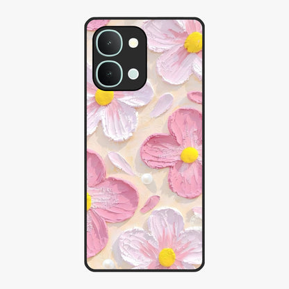 Blush Bloom Texture Glass Case showing flat back view with soft blush floral texture artwork and glossy glass finish.