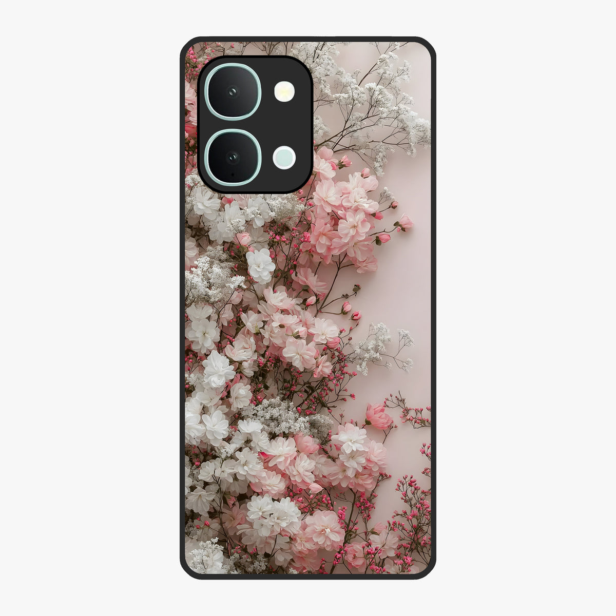 Blush Blossom Cloud Glass Case showing flat back view with dreamy blush cloud blossom artwork and glossy glass finish.