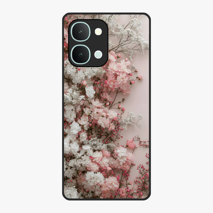 Blush Blossom Cloud Glass Case showing flat back view with dreamy blush cloud blossom artwork and glossy glass finish.