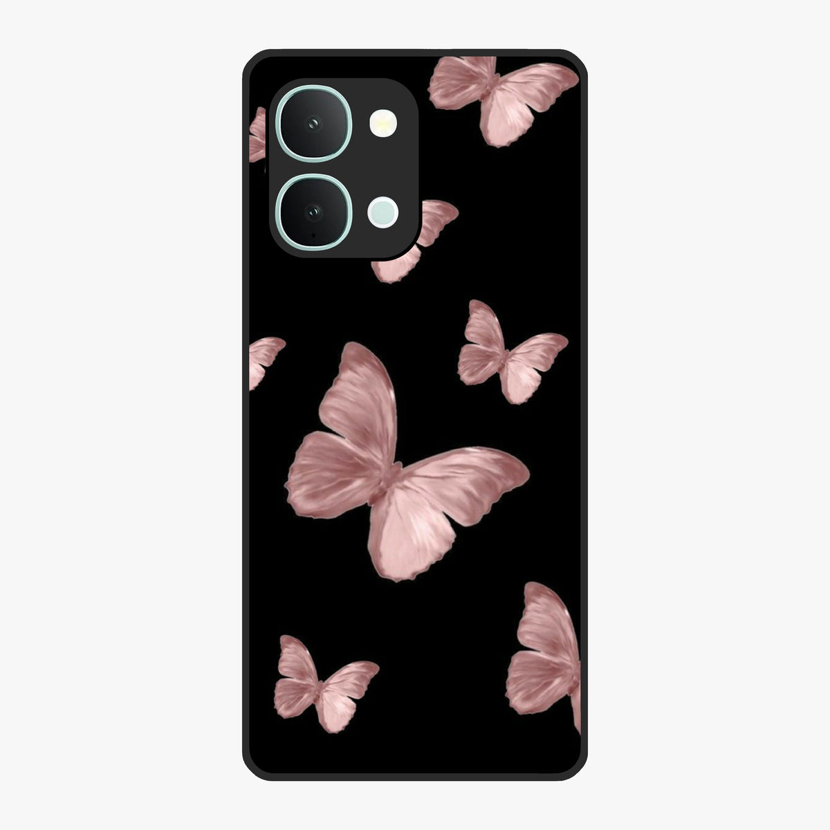 Butterfly Pattern Glass Case showing flat back view with elegant butterfly pattern artwork and glossy glass finish.