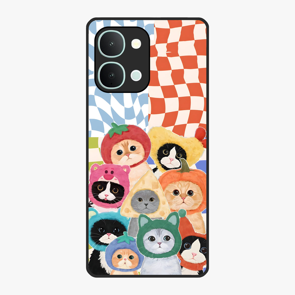 Cats in Fruits Glass Case showing flat back view with playful cat illustrations inside fruit artwork and glossy glass finish.