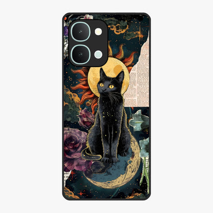 Celestial Black Cat Glass Case showing flat back view with mystical black cat artwork and glossy glass finish.
