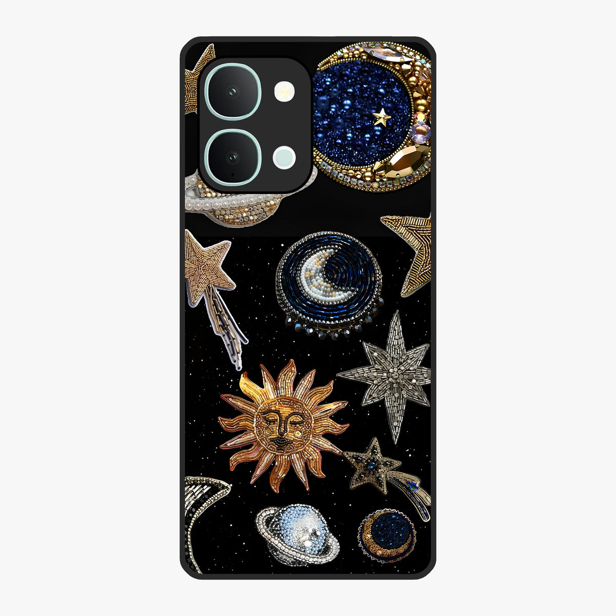Celestial Gem Constellations Glass Case showing flat back view with sparkling constellation artwork and glossy glass finish.