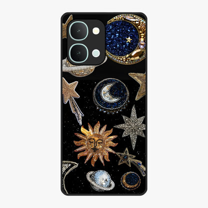 Celestial Gem Constellations Glass Case showing flat back view with sparkling constellation artwork and glossy glass finish.