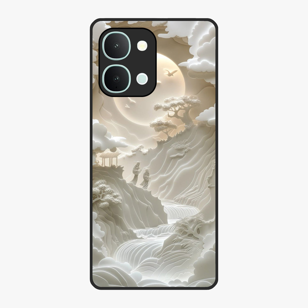 Celestial Origami Glass Case showing flat back view with artistic origami inspired celestial artwork and glossy glass finish.
