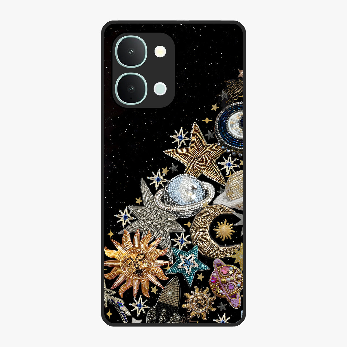Cosmic Sparkle Dreams Glass Case showing flat back view with sparkling cosmic artwork and glossy glass finish.