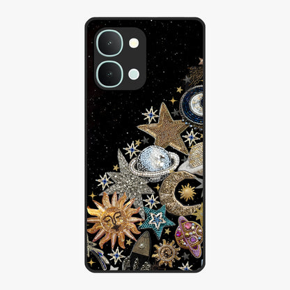 Cosmic Sparkle Dreams Glass Case showing flat back view with sparkling cosmic artwork and glossy glass finish.