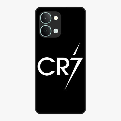 Cr7 Elite Strike Glass Case showing flat back view with dynamic football inspired artwork and glossy glass finish.