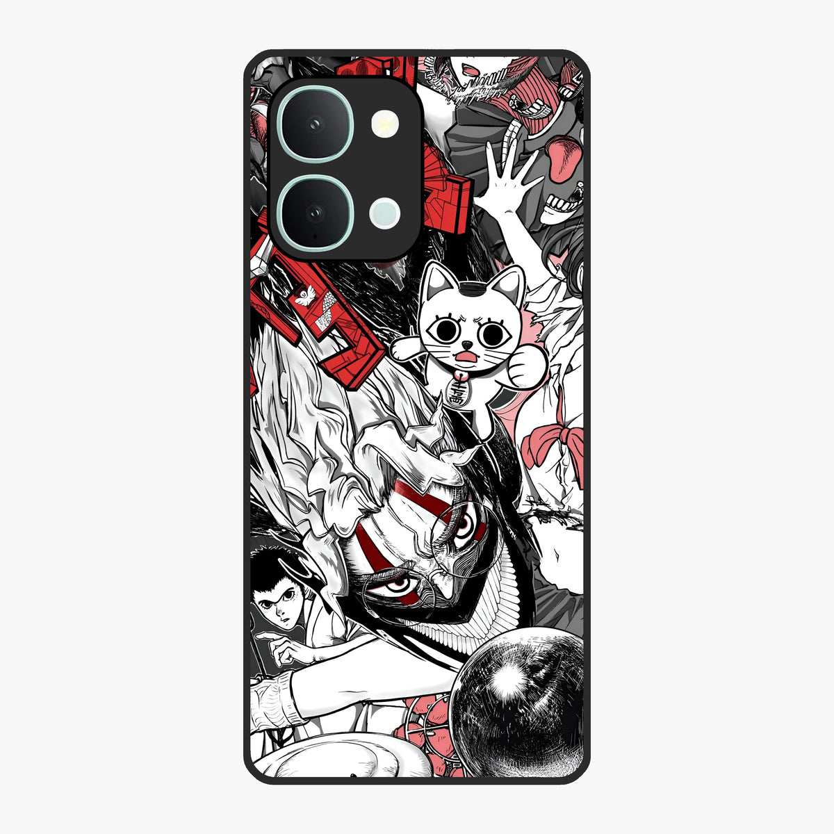 Crimson Chaos Panel Glass Case showing flat back view with bold crimson abstract artwork and glossy glass finish.