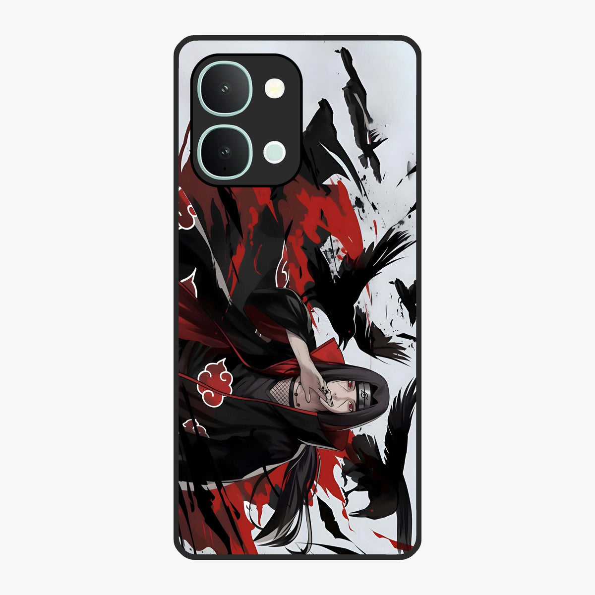 Crimson Crow Illusion Glass Case showing flat back view with artistic crow illusion artwork and glossy glass finish.