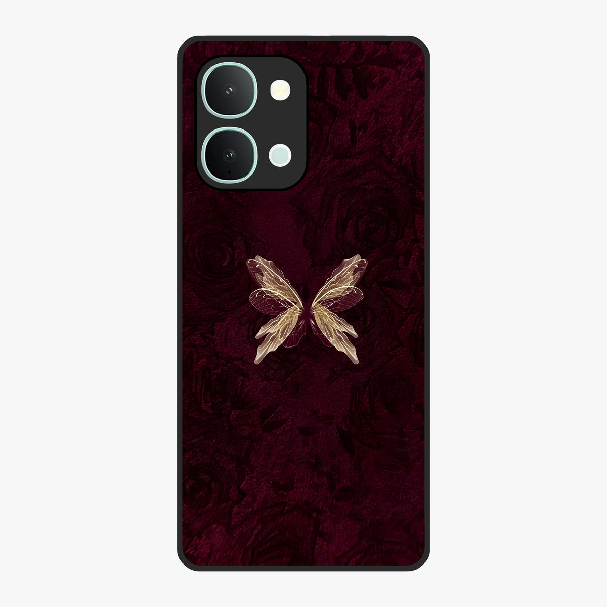 Crimson Fade Butterfly Glass Case showing flat back view with fading butterfly artwork and glossy glass finish.