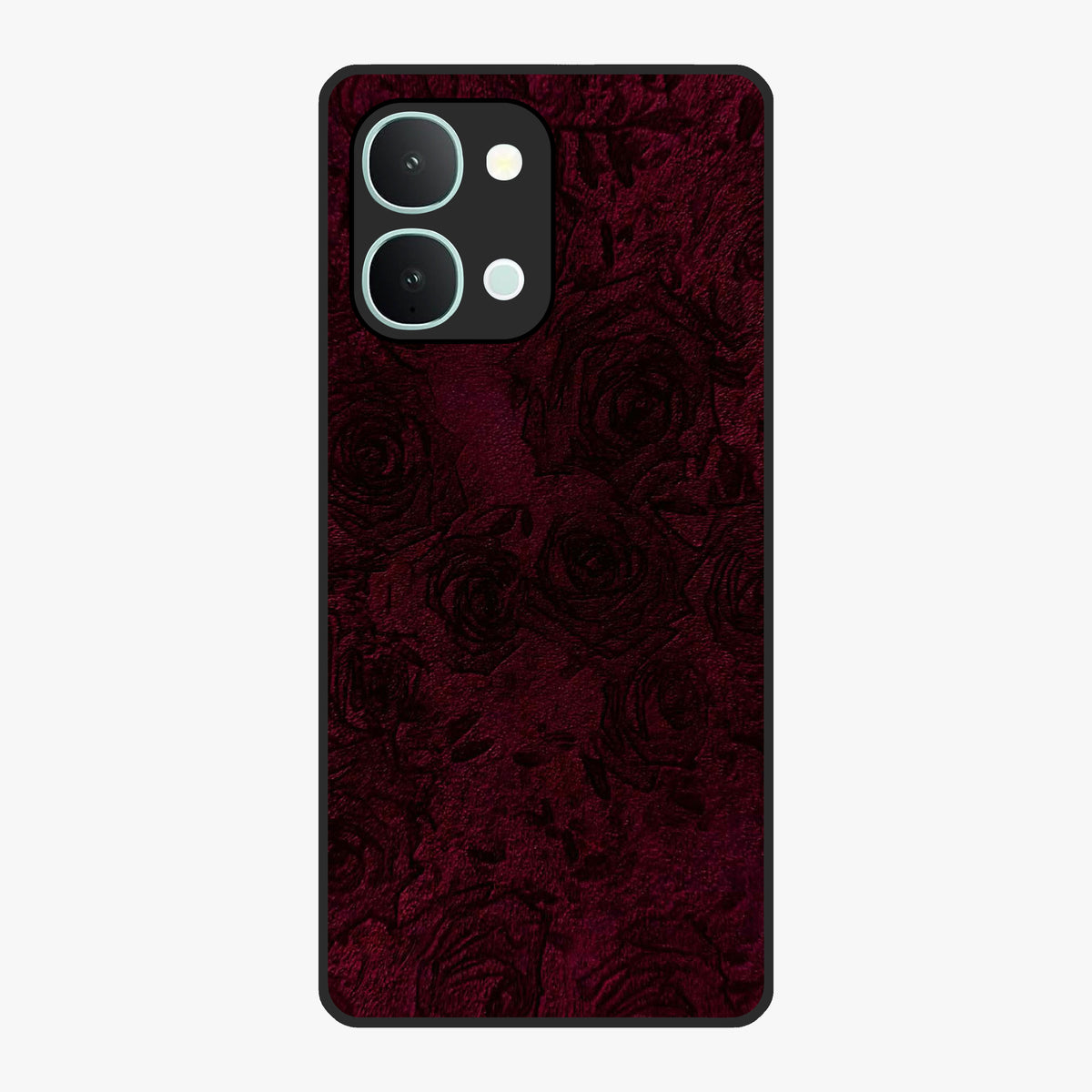 Crimson Fade Flow Glass Case showing flat back view with flowing crimson gradient artwork and glossy glass finish.