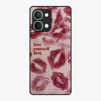 Crimson Kiss Love Glass Case showing flat back view with romantic crimson themed artwork and glossy glass finish.
