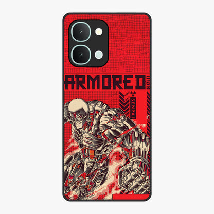 Crimson Mecha Titan Glass Case showing flat back view with powerful mech titan artwork and glossy glass finish.
