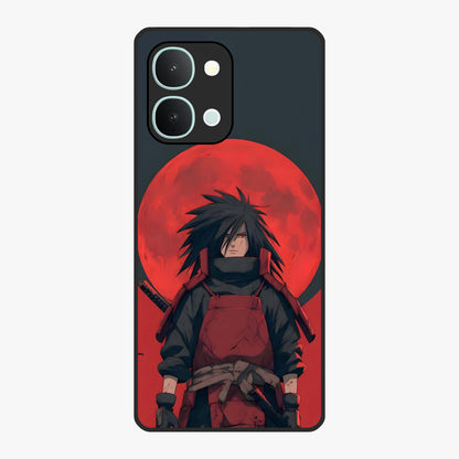 Crimson Moon Warlord Glass Case showing flat back view with mystical moon warrior artwork and glossy glass finish.