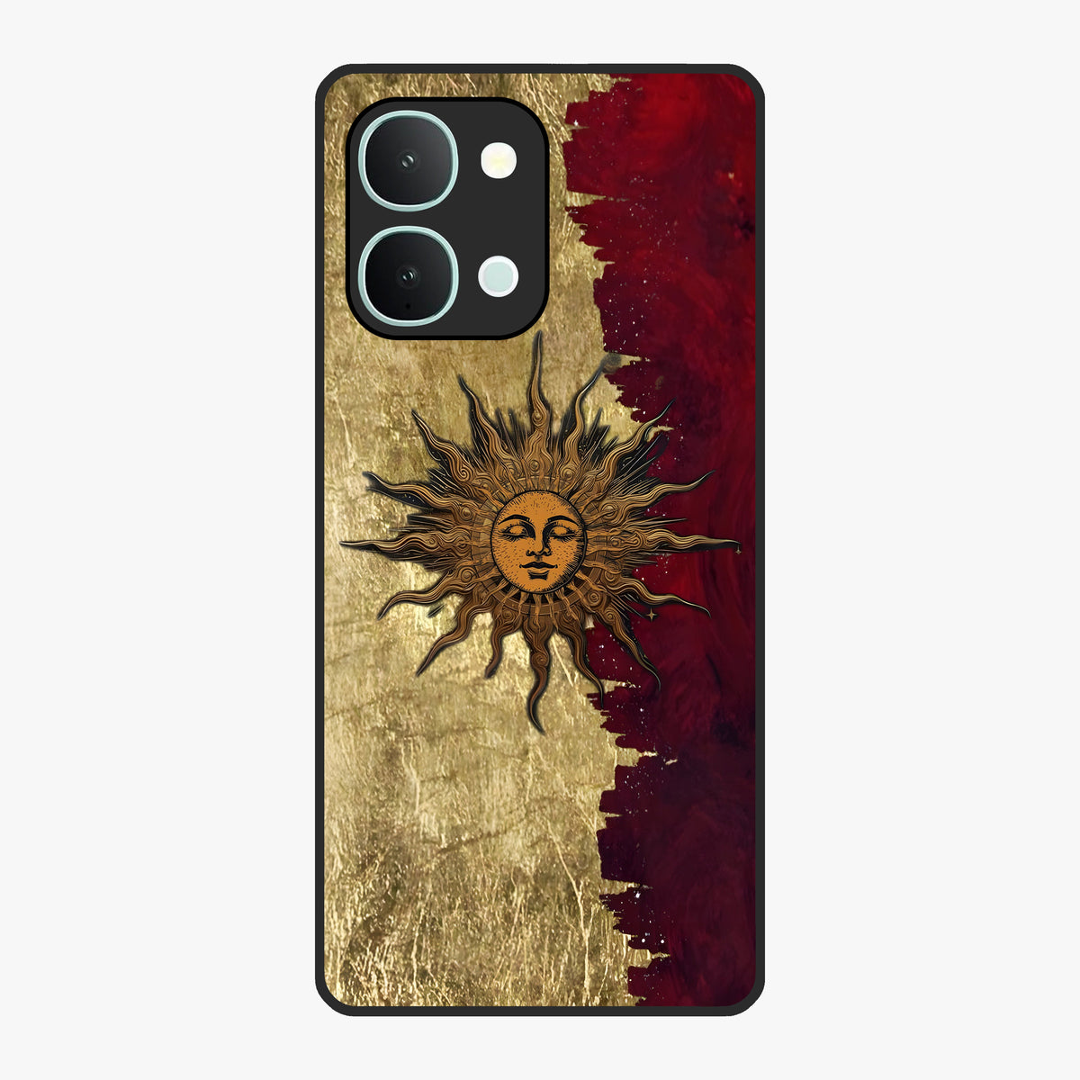 Crimson Sun Majesty Glass Case showing flat back view with radiant sun inspired artwork and glossy glass finish.
