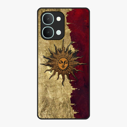 Crimson Sun Majesty Glass Case showing flat back view with radiant sun inspired artwork and glossy glass finish.