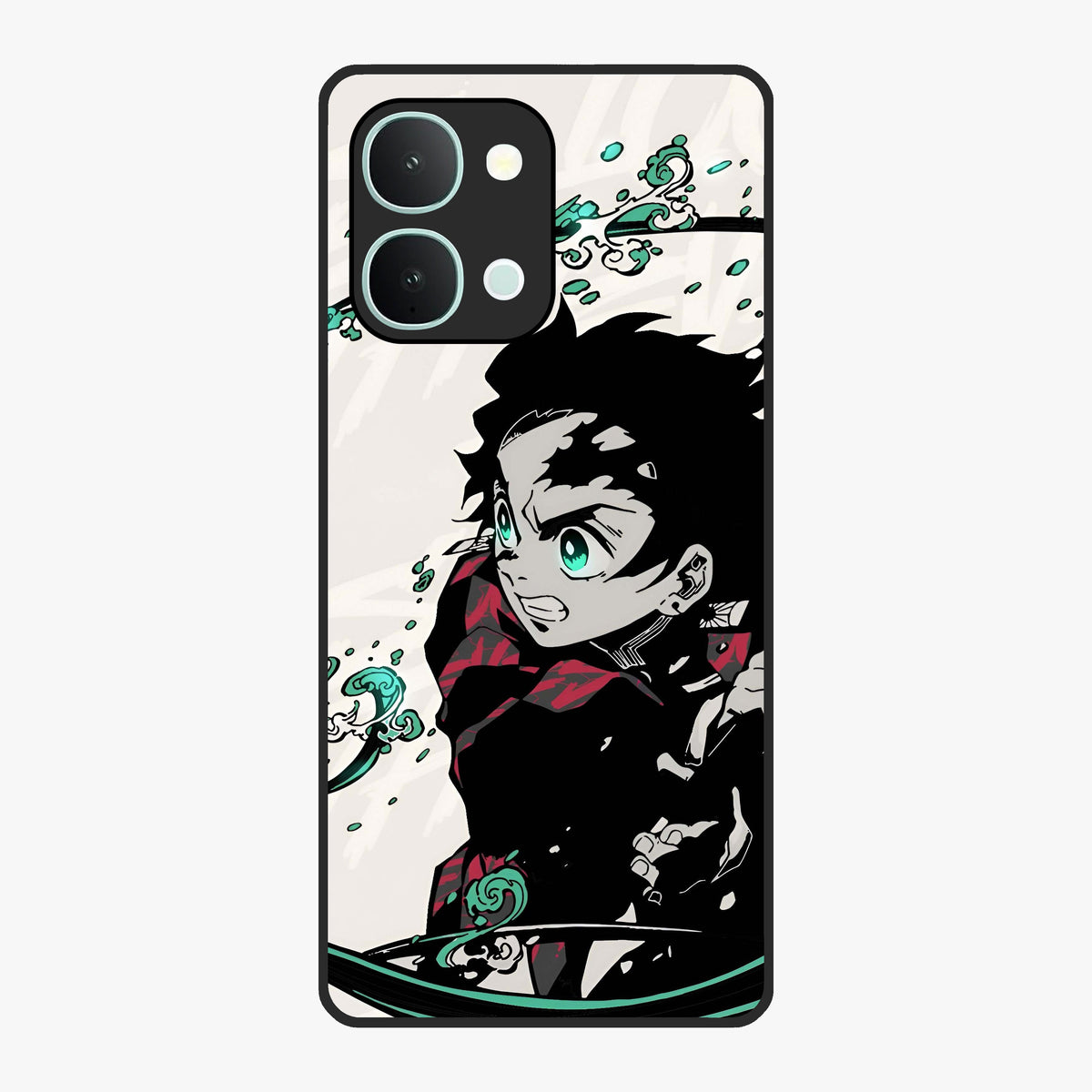 Demon Slayer Glass Case showing flat back view with bold anime inspired artwork and glossy glass finish.