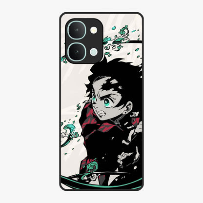 Demon Slayer Glass Case showing flat back view with bold anime inspired artwork and glossy glass finish.