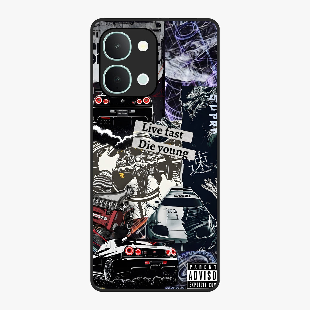 Die Young Glass Case showing flat back view with bold artistic typography design and glossy glass finish.