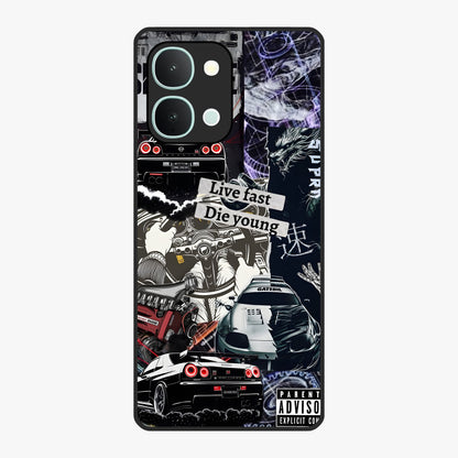 Die Young Glass Case showing flat back view with bold artistic typography design and glossy glass finish.