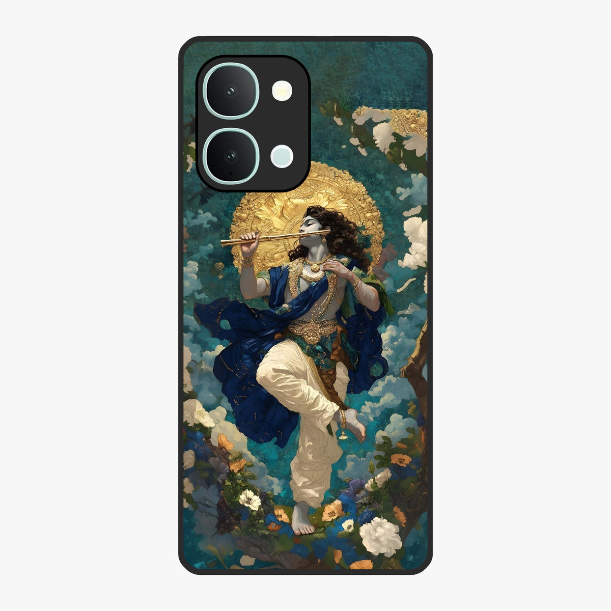 Divine Krishna Art Glass Case showing flat back view with Lord Krishna artwork and glossy glass finish.