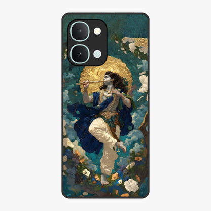Divine Krishna Art Glass Case showing flat back view with Lord Krishna artwork and glossy glass finish.