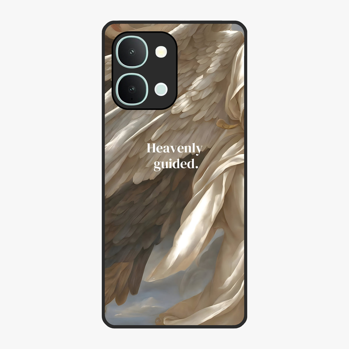 Divine Winged Grace Glass Case showing flat back view with elegant wing inspired artwork and glossy glass finish.