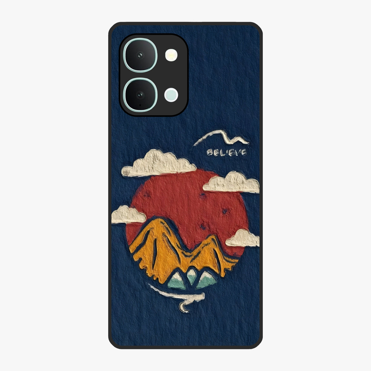 Dream Beyond Mountains Glass Case showing flat back view with scenic mountain landscape artwork and glossy glass finish.