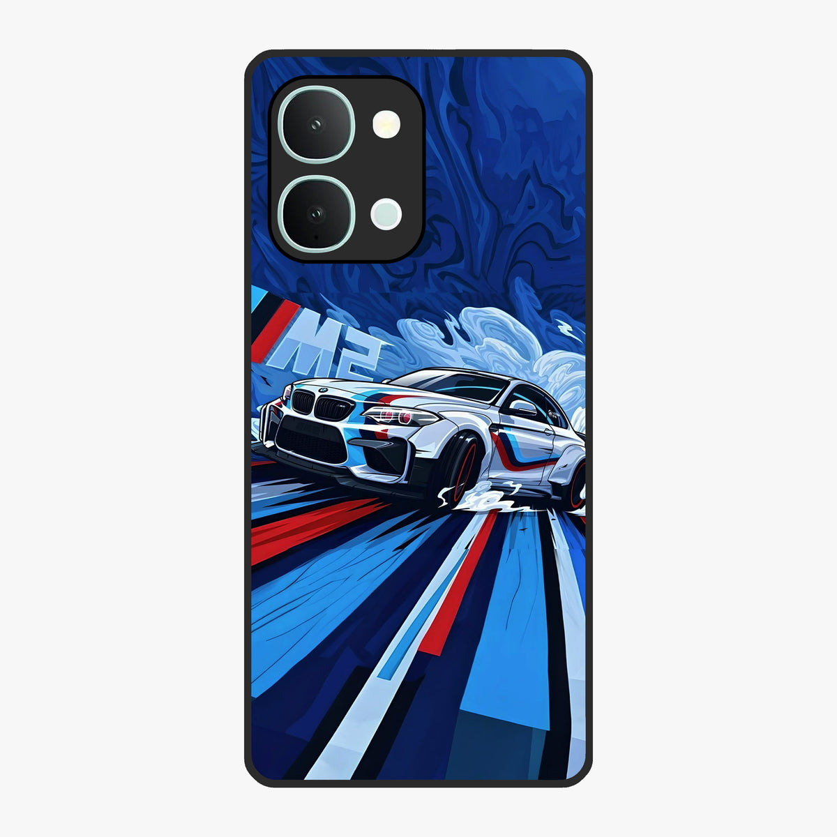 Drift Power Rush Glass Case showing flat back view with dynamic racing inspired artwork and glossy glass finish.