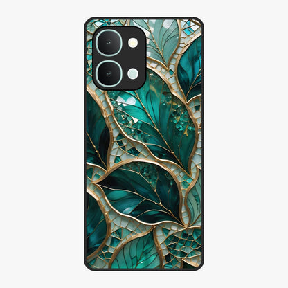 Emerald Leaf Glass Glass Case showing flat back view with emerald green leaf artwork and glossy glass finish.