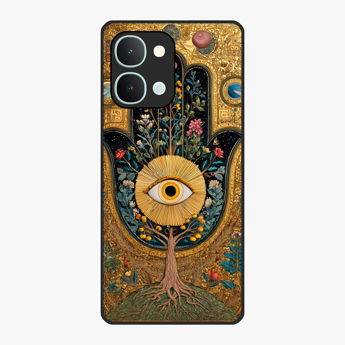 Ethereal Evil Eye Glass Case showing flat back view with mystical evil eye artwork and glossy glass finish.