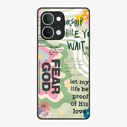 Faith Over Fear Glass Case showing flat back view with motivational typography artwork and glossy glass finish.