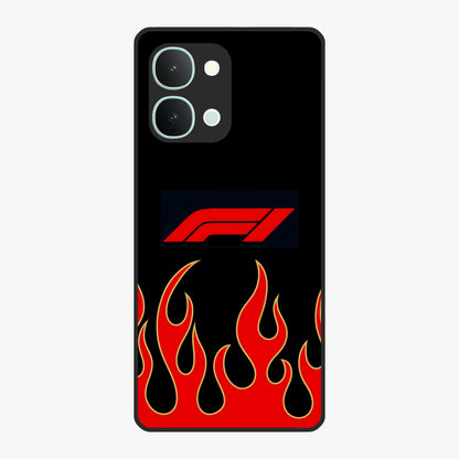 Fire F11 Glass Case showing flat back view with fiery themed artwork and glossy glass finish.